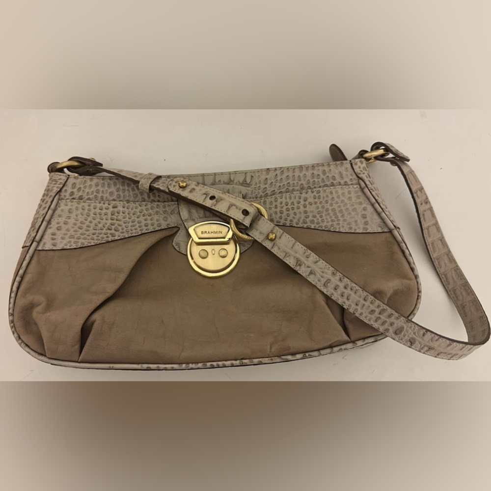 Brahmin Cream and Gold Croc-Embossed Bag